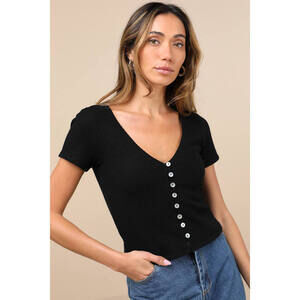 Lulus My Everyday Best Black Ribbed Short Sleeve Button-front Top - Size XS